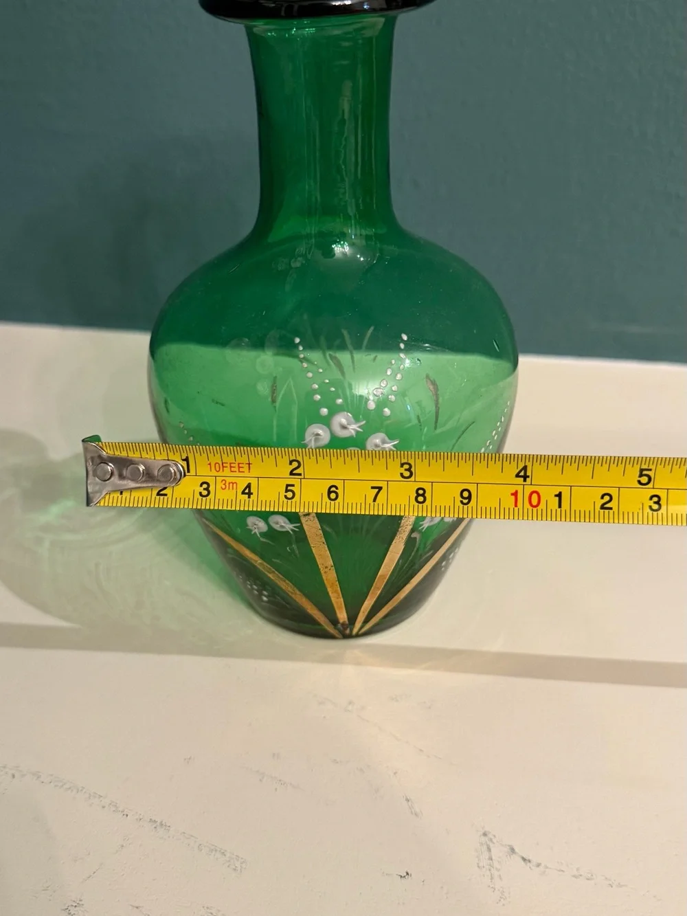 Vintage Bohemian Czech Emerald Green Glass Vase Hand Painted Enamel & Gold 7”